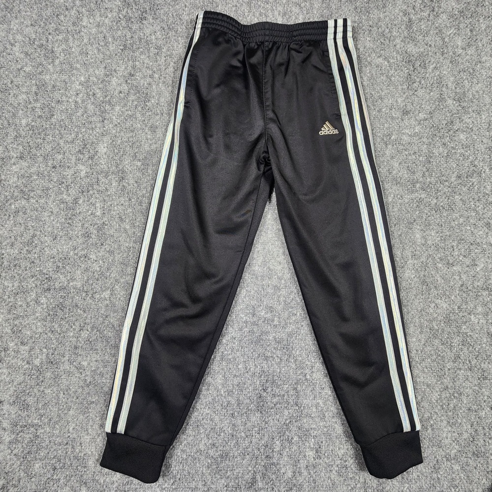 Adidas Youth Black Track Pants Iridescent Silver 3-Stripe Joggers Size Medium